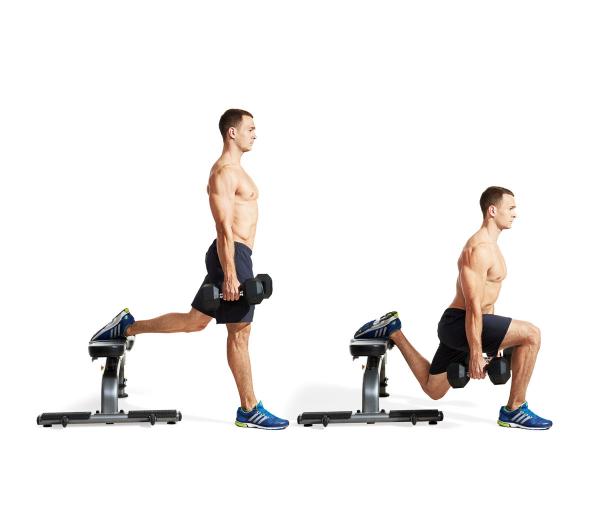 Man showing how to perform the Bench Lunge Exercise https://get-strong.fit/Bench-Lunges-How-To-Exercise-Guide/Exercises